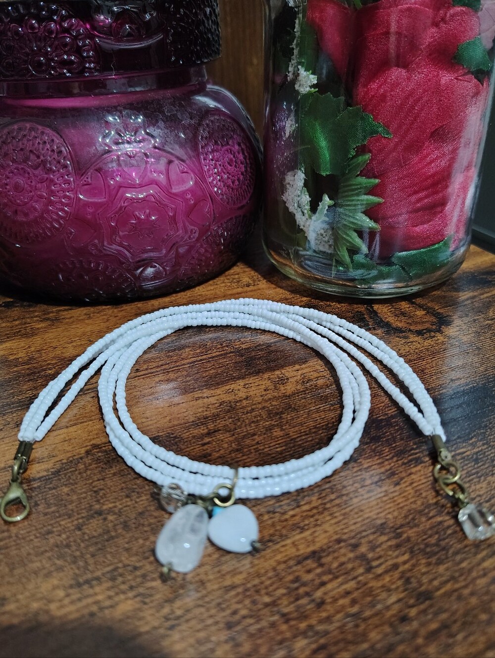 White Beaded Triple Strand Necklace With Charm Pendant,  Handmade Necklace